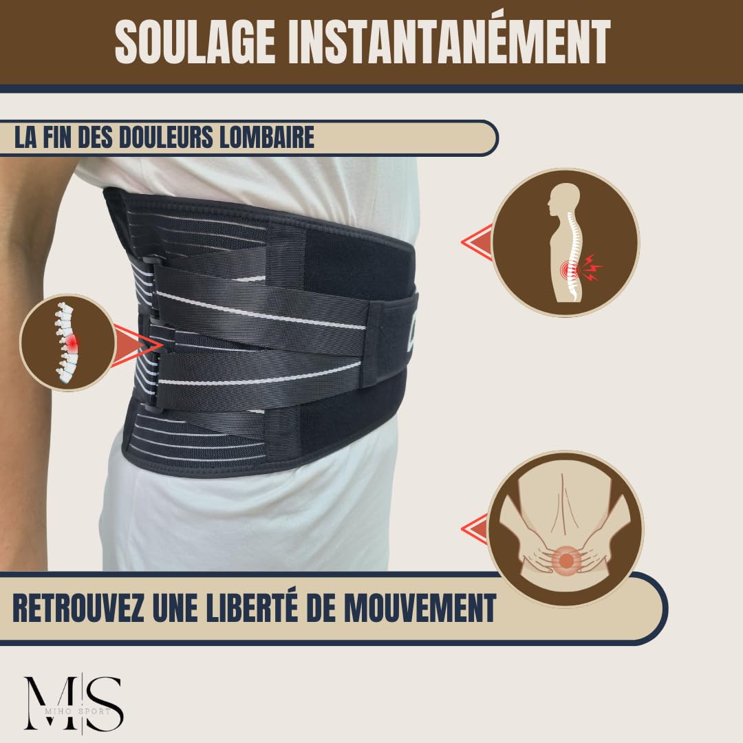 Ceinture Lombaire de soutien lombaire RÉGLABLE HOMME et FEMME pour soulager le Dos | Idéale pour le Travail ou le sport | 4 Ressorts, Taille S à XL | Parfaite pour Sciatique