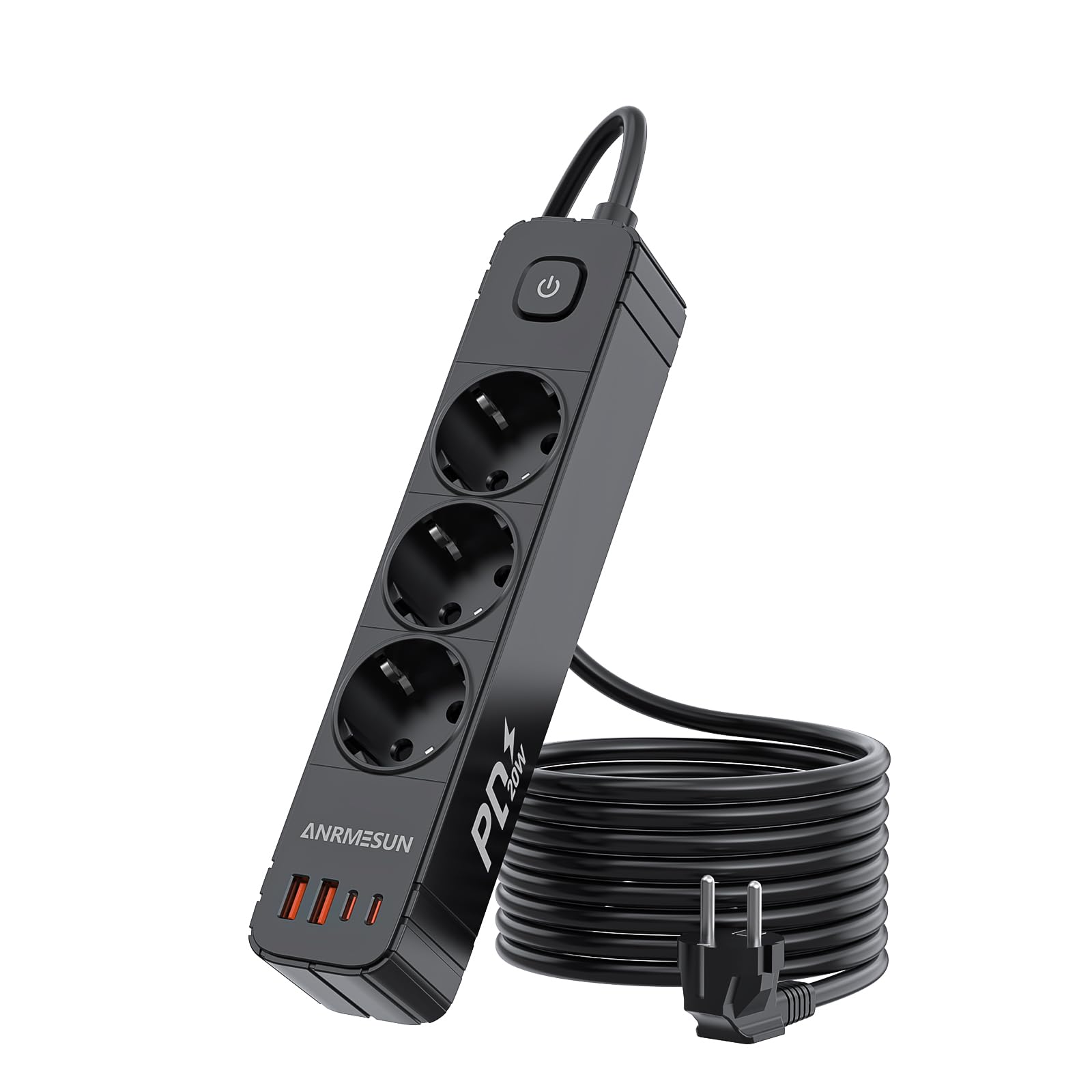 ANRMESUN Steckdosenleiste mit USB C PD 20W, 3 Fach Steckdose mit Überspannungsschutz Mehrfachsteckdose 4 USB(2 USB-C), Steckerleiste Verteilersteckdose mit Schalter und 1,9M Kabel