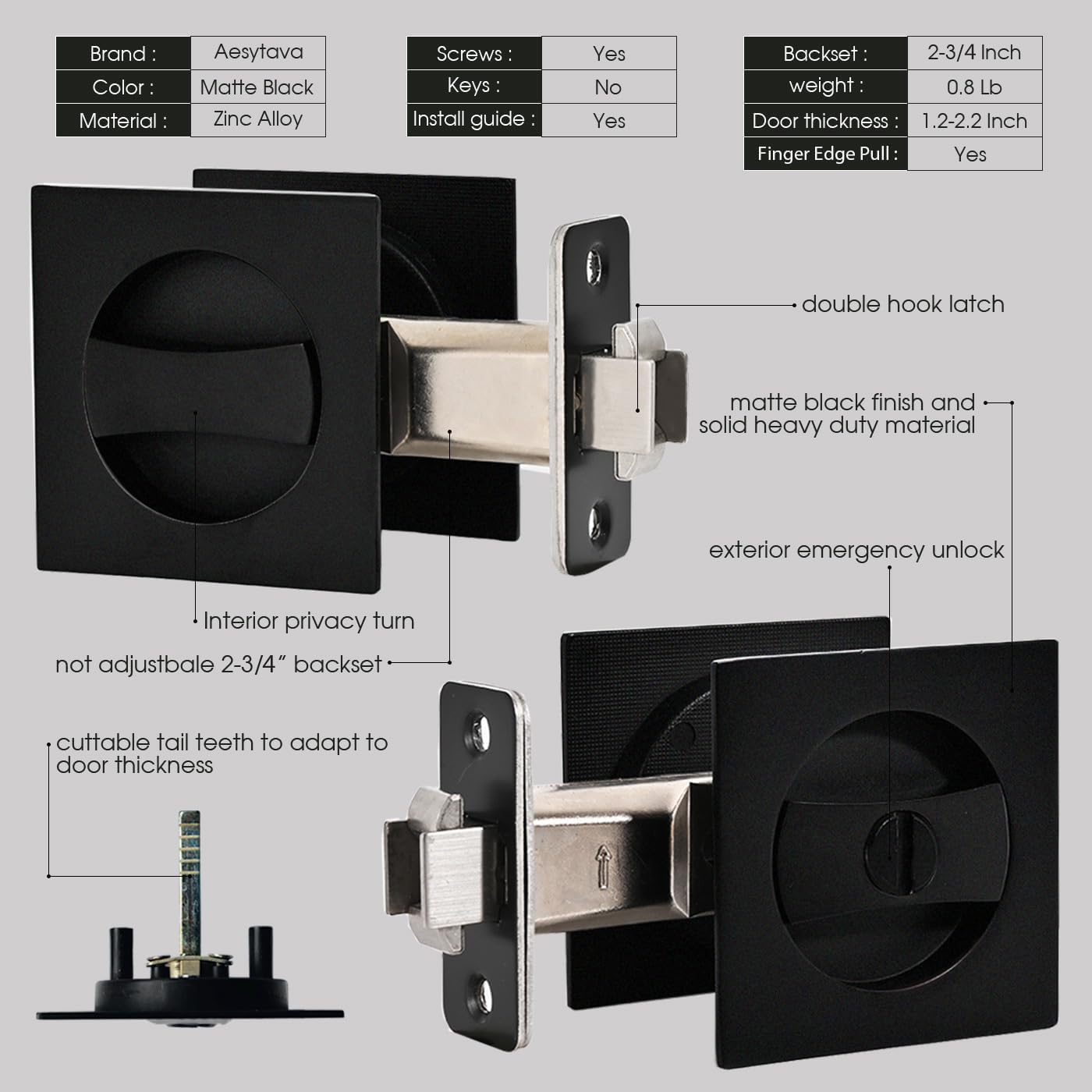 Matte Black Privacy Pocket Door Hardware, 2 3/4" Backset, Zinc Alloy Heavy Duty Square Pocket Door Lock Black, Solid Pocket Door Handle(2 Pack)