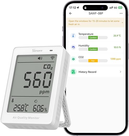 SONOFF AirGuard CO2, Smart Indoor Air Quality Monitor, Matter Compatible, 2.4GHz WiFi, Carbon Dioxide Detector for CO2/Temp/Humidity, Real-Time Display & Alarm, for Bedroom, Nusery Room