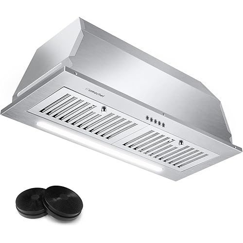 AMZCHEF Range Hood Insert 30 Inch Stainless Steel Range Hood 900 CFM with 3-Speed Fan, ETL Listed, 3W Distinctive LED Light Strip,Kitchen Vent Hood with Button Control, Baffle Filters,Charcoal Filters