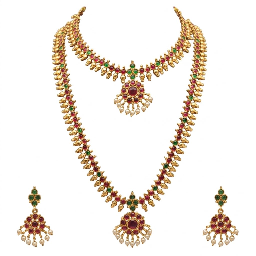Traditional Gold-Toned Long Haram Necklace Set with Ruby, Emerald Stones and Pearl Drops, with Earrings-image-10