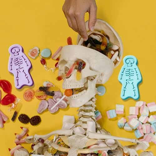 Miniatura 7 de Paquete de 2 moldes de silicona con temática de esqueleto de Halloween, 3 cavidades, huesos de calavera 3D, bandeja de moldes de bricolaje para