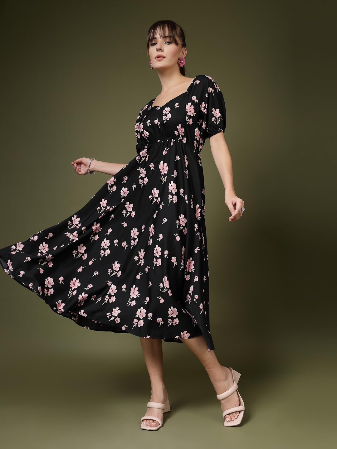 Oomph Flared Dress For Women Stylish | Long One Piece For Women | Puff Sleeve Long Dress | Floral Print Maxi One Piece | Western & Fusion Wear Ebony Black