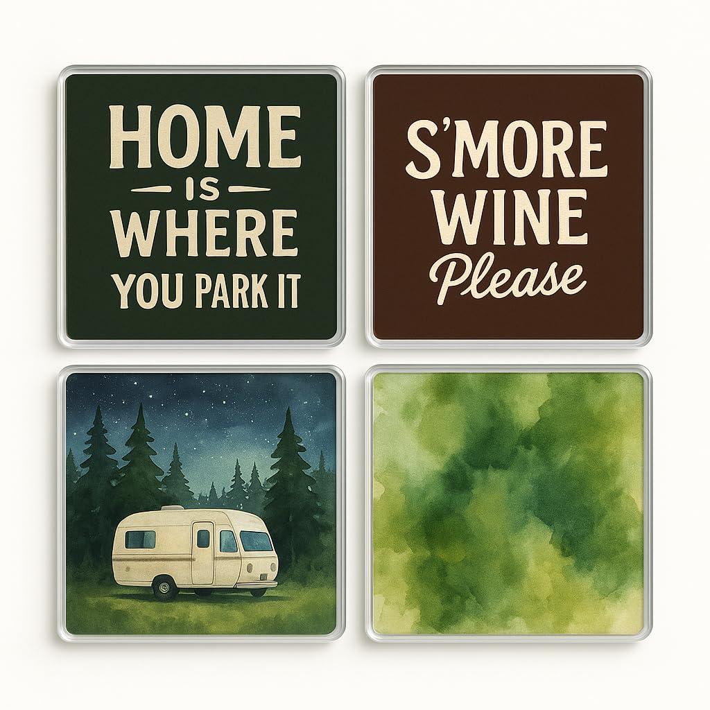 The Plum Penguin Wanderlust Vibes Acrylic Coaster Gift Set Of 4 With Camping Adventure Designs - Drinkware For Caravan Enthusiasts