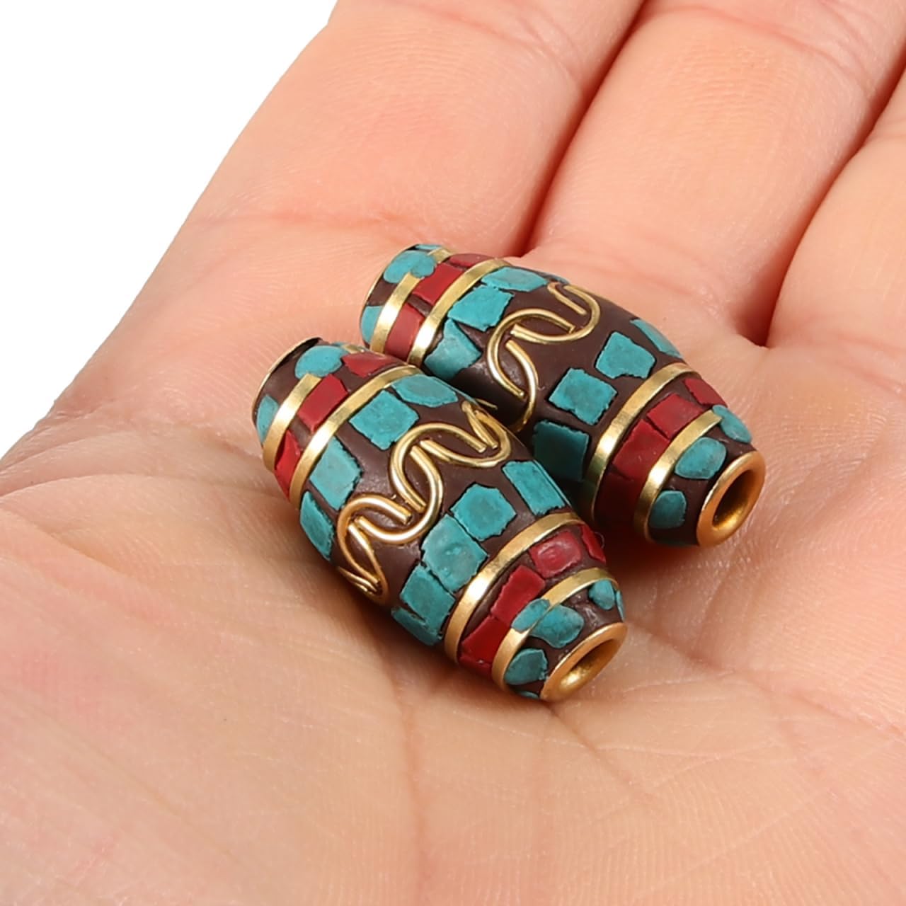 VILLCASE 5pcs Turquoise Beads, Tibetan Style Spacer Beads, Round Column Handmade Buddha Loose Connector for Earring Necklace Bracelet Jewelry Making