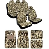15pc Beige Zebra Seat Covers & Floor Mats Set Fur Print Complete w/ Steering Wheel Cover
