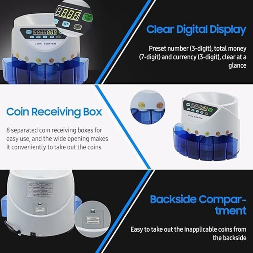 Conta monete multi-paese, conta monete automatico, macchina conta monete elettronica con display di conteggio a LED, conteggio lotti da 300 monete/min, for negozi, banche, ristoranti, uffici