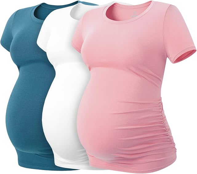 LAPASA Women's Maternity Tops, Soft Modal Cotton Pregnancy Tshirts, Side Ruched Crew Neck Short Sleeve Tees L55, Multicolor 6, M