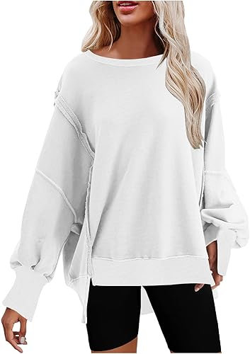 Oversized Sweatshirts for Women Crewneck Pullover Vintage Patchwork Side Slits Tunic Tops Y2k Fall Winter Clothes