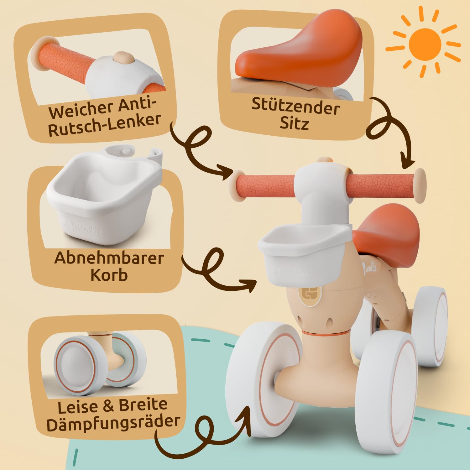 Mallie® Laufrad ab 1 Jahr I Ab 12 bis 24 Monate inkl. Gratis Korb als Laufräder, Rutschauto, Schaukelpferd oder Dreirad ab 1 Jahr Ersatz I Balance Bike Kinderspielzeug als Geschenk 1 Jahr