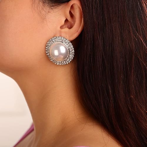 Miniatura 4 de Denifery Aretes de perlas grandes con diamantes de imitación bohemios, aretes grandes de plata, grandes círculos, ligeros, aretes de moda para mujer