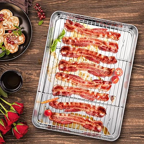 Bakplåt med hyllset, E-far 40 x 30 cm rostfritt stål kakplåt för ugn, kantad metallbricka med trådkylställ för matlagning rostning vila bacon köttbiff – diskmaskinssäker