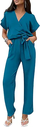 PRETTYGARDEN Women's Summer One Piece Jumpsuits Belted Short Sleeve Wrap V Neck Fashion Dressy Casual Wide Leg Pants Romper