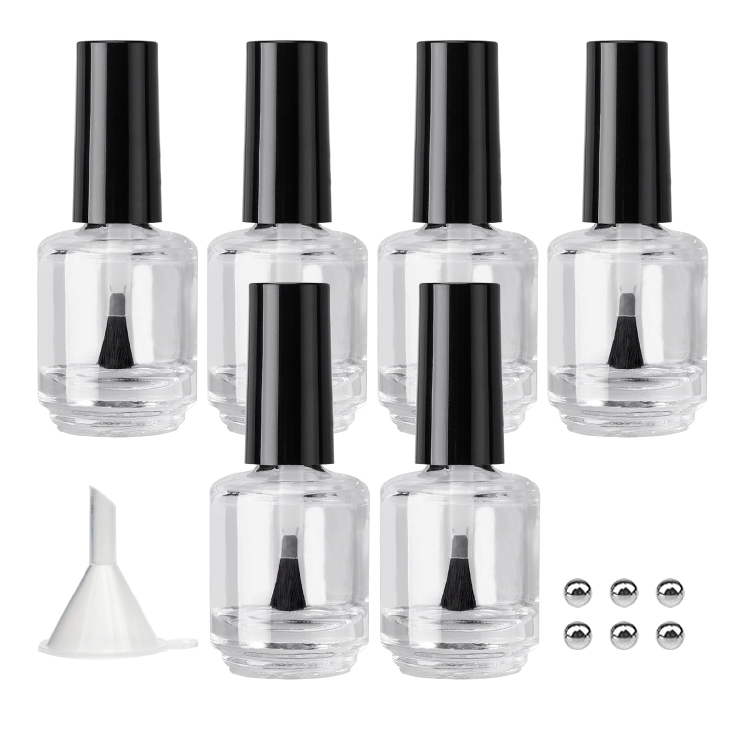 Agidea Empty Nail Polish Bottles with Paddle Brush, 6PCS Empty Glass Clear Refillable Nail Polish Containers Vials with Mixing Balls & Funnels & Black