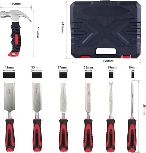 Miniatura 8 de Juego de cinceles de madera, juegos de carpintería profesionales, 6 piezas de cincel de madera de acero al carbono 55# con 1 martillo de garra,