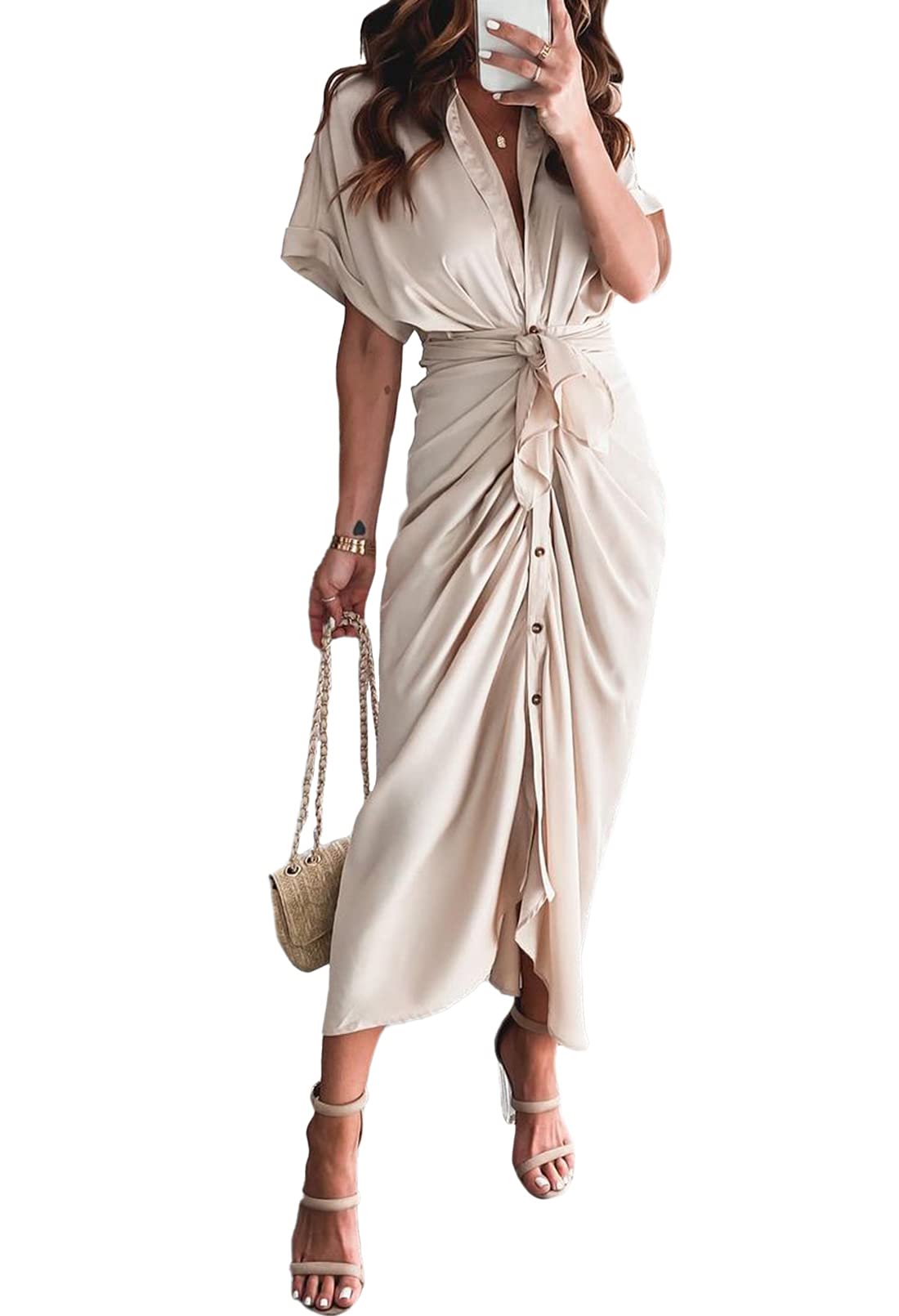 LinseryWomen Elegant Satin Button Down Short Sleeve Maxi Shirt Dress with Belt