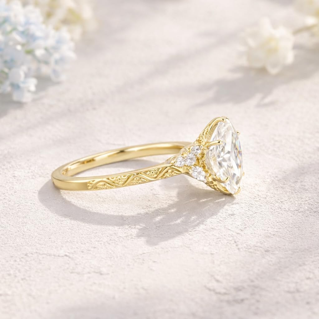Engraved Oval Cut Moissanite Engagement Ring 18K Yellow Gold Cluster CZ Diamond Wedding Jewelry Art Deco Floral Promise Gift Ring
