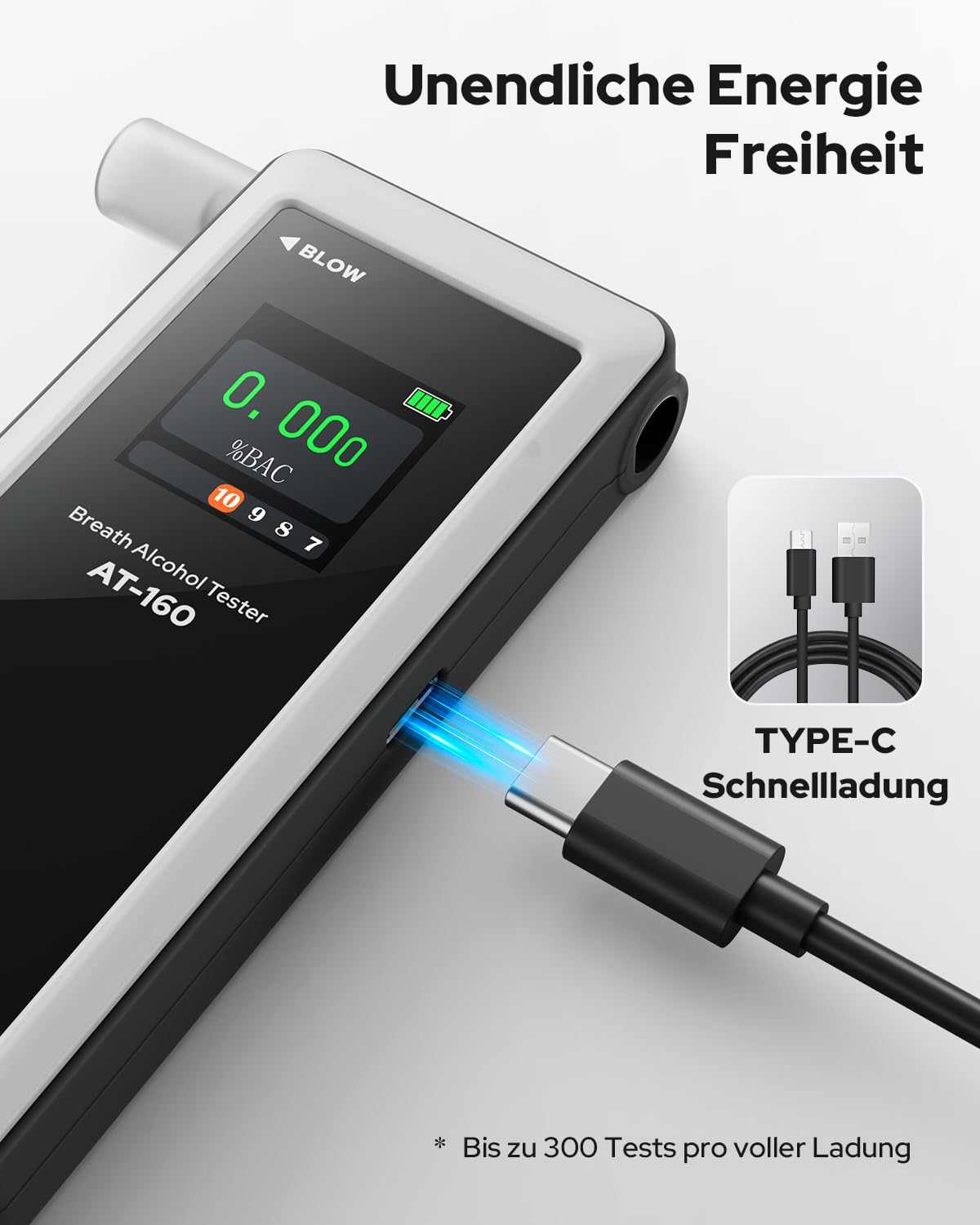 AT-160 Alkoholtester, hochpräziser Promilletester mit Alarmschwelleneinstellung, Breathalyzer mit digitaler LCD-Anzeige, Speicherfunktion, Typ-C-Laden, 10 Mundstücke für Heimgebrauch