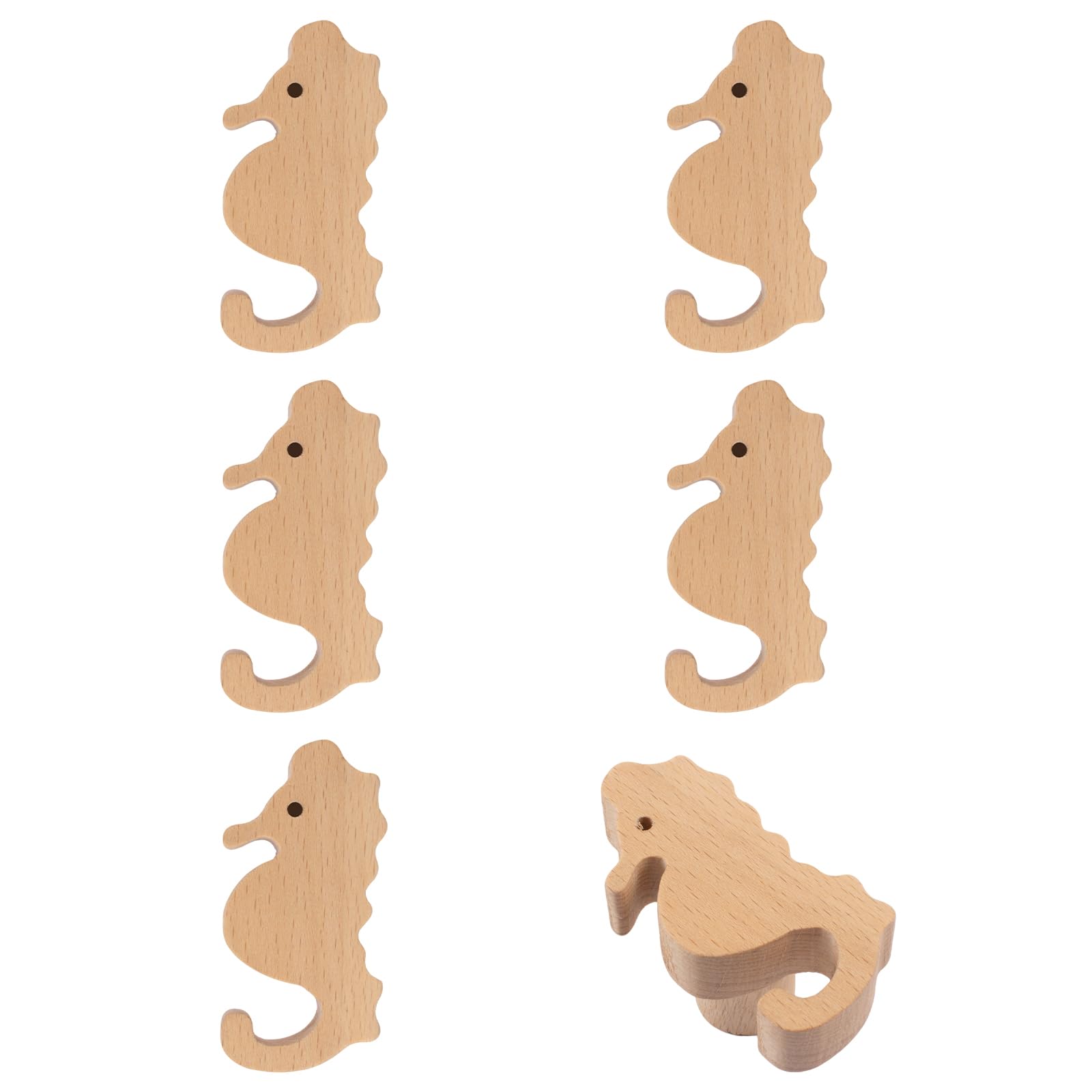 MOROBOR Seahorse Shaped Wooden Knobs, 6PCS Beech Wood Single Hole Handles Cute Cabinet Pulls for Chest of Drawers with Screws& Expansion Tube — image 1