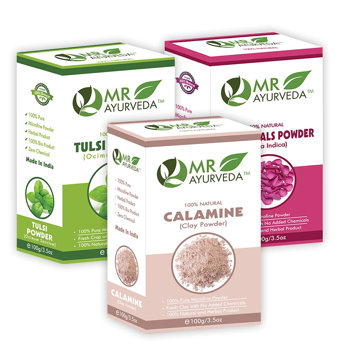 MR Ayurveda Calamine Clay Powder, Tulsi Powder & Rose Petals Powder - Set of 3 (100 Grams Each)