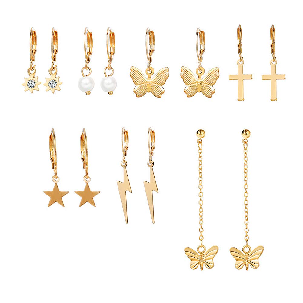 HUJUON 4-7 Pairs Gold Butterfly Star Hoop Earrings Set for Women.Small Lightning Tiny Cross Huggie Dangler Earring Girl's Jewelry (A)