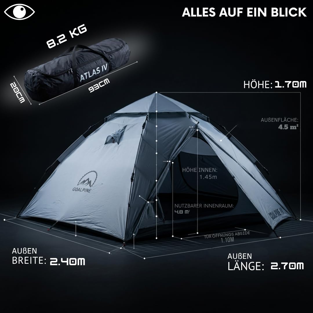 GOALPINE® Atlas IV Wurfzelt Pop-up Zelt für 2-4 große Personen, 100% Wasserdicht, in 40 Sekunden aufgetellt, 3 in 1 für Camping, Festival & Strand, Innen Leicht Verdunkelt