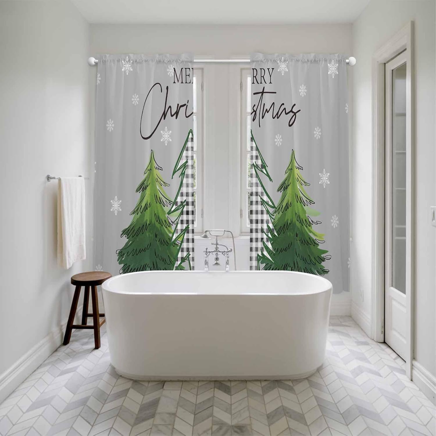 Grey Green Christmas Tree Window Curtains 72 Inch Long 2 Panel Set, Rod Pocket Long Curtains & Drapes, Xmas Trees Snowflake Winter Light Filtering Window Treatment for Bedroom Living Room 52"W x 72"L