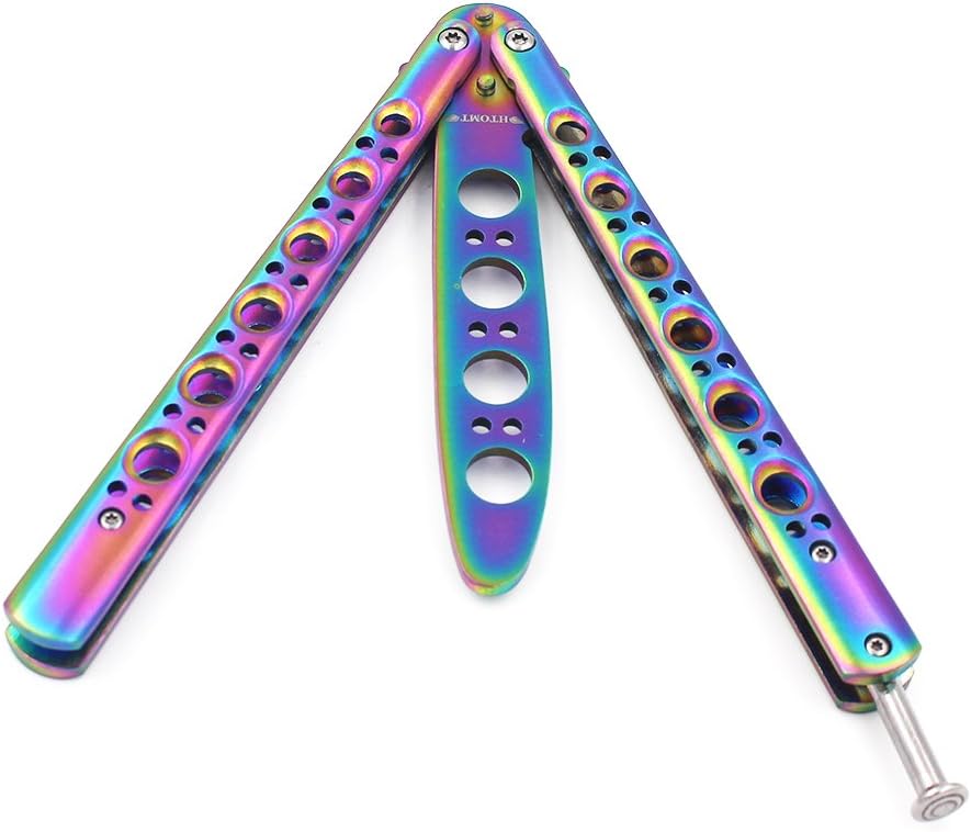 HTOMT Butterfly Stainless Steel Training Balisong Practice Tool, Tactical Folding Blade Practice Trainer for CS GO Training Dull Blade Safe Gifts for Men Boys(Rainbow)