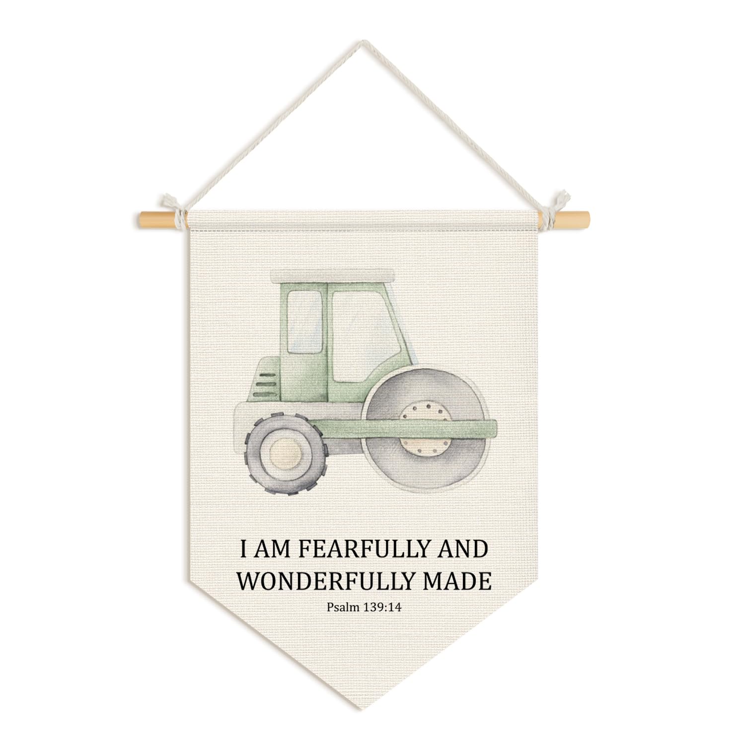 Wheatwin Christian Nursery Decor, I Am Fearfully and Wonderfully Made Construction Wall Hanging Pennant Flag Banner, Bible Verse Wall Decor for Nursery Toddler Boys Bedroom Playroom 15x11 Inch