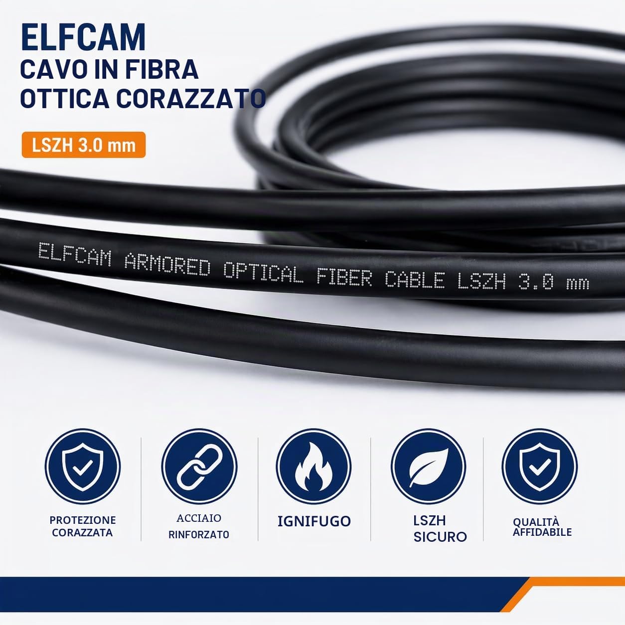 Elfcam® - Cavo Fibra Ottica con Armatura in Acciaio Corrugato LC/UPC per LC/UPC OS2 Duplex Monomodale 9/125um LSZH, Adatto per Installazioni Esterne e Interne, Nero, 50M