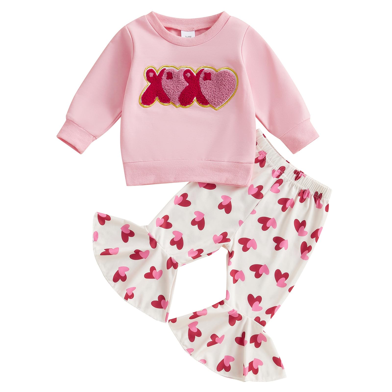 Xiaodriceee Baby Girl Valentine's Day Outfits Letter Embroidery Long Sleeve Crewneck Sweatshirt Bell Bottom Pants Set Valentine’s Day Clothes (C-Pink, 12-18 Months)