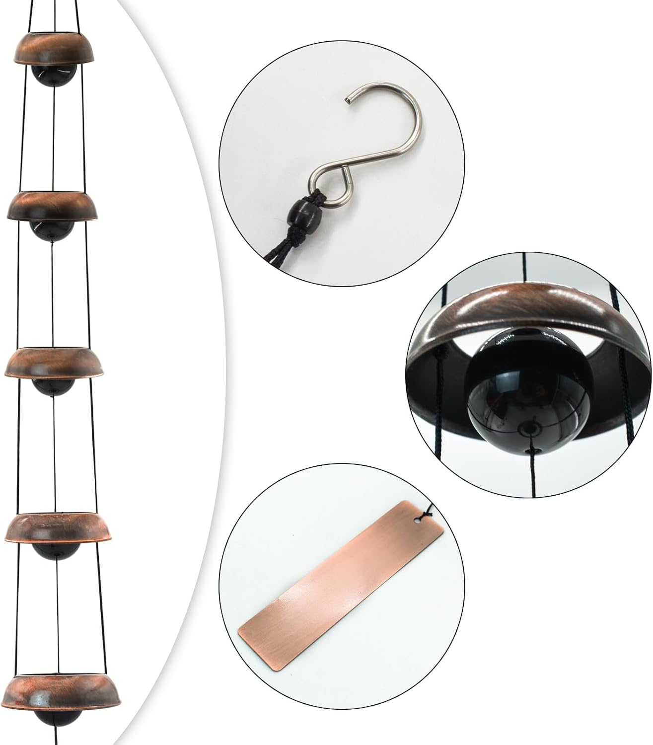 MrMrKura Copper Wind Chimes for Outside, Temple Wind Chimes with 5 Bells Feng Shui Wind Bell Pendent Memorial Windchimes for Home Garden Patio Backyard Decor (Bronze) - Image 3