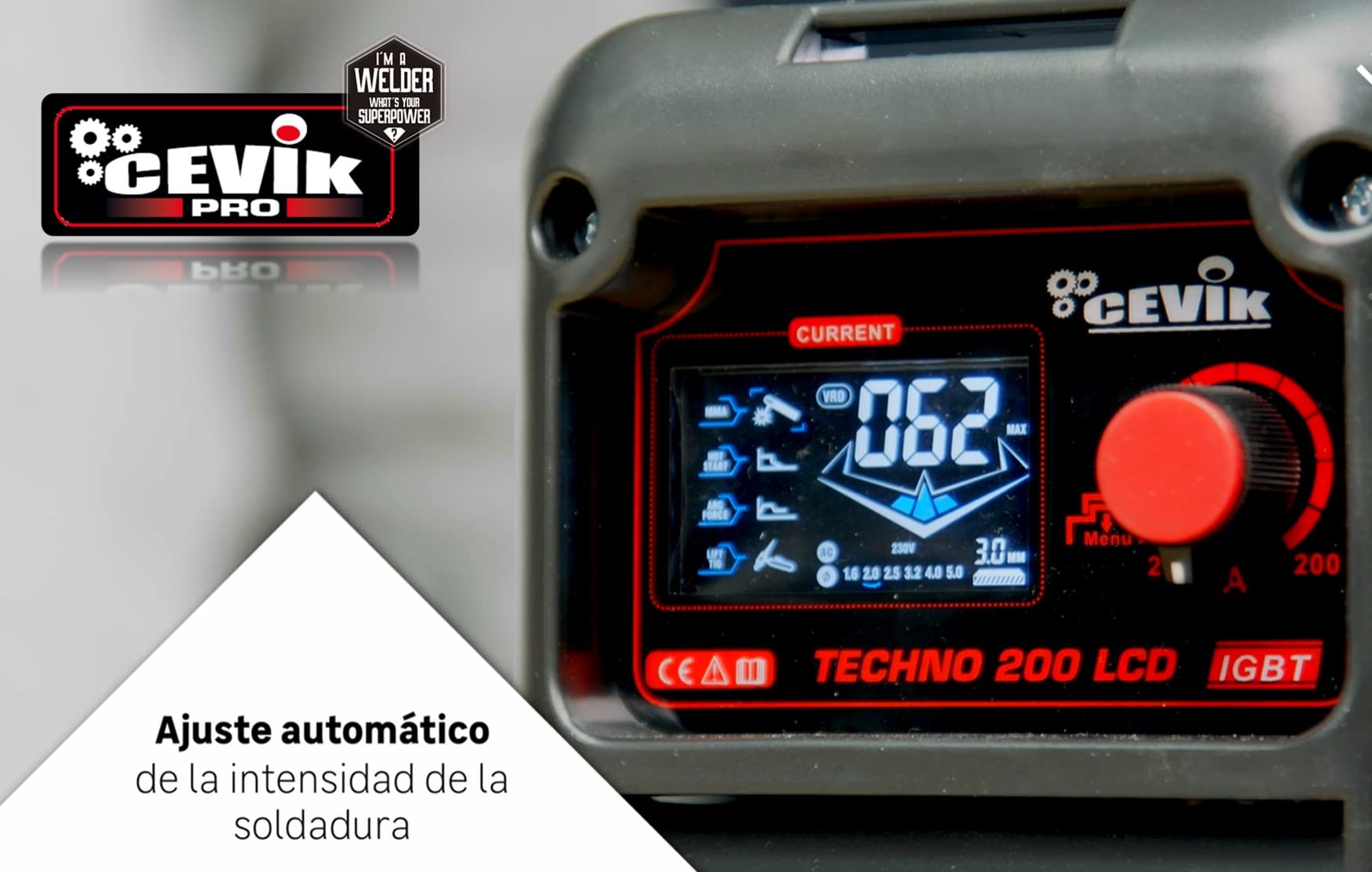 CEVIK PRO CE-TECHNO200LCD - Soldador Inverter MMA con Máscara de Soldadura y Portaelectrodo - 200A 50% 230V-Electrodos hasta 5mm - Pantalla LCD - Conectable a Generador - Máquina de Soldar