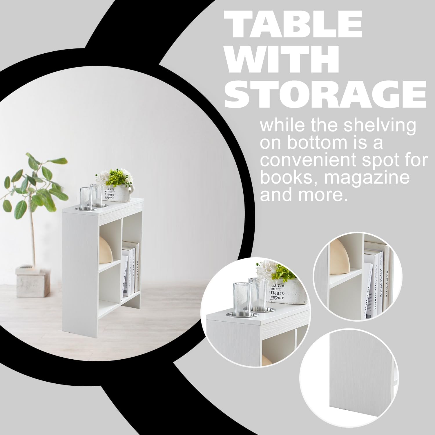 Kings Brand Furniture Narrow Chairside End Table with Pull-Out Tray & Storage Shelves, Slim Wood Nightstand for Bedroom & Living Room – White