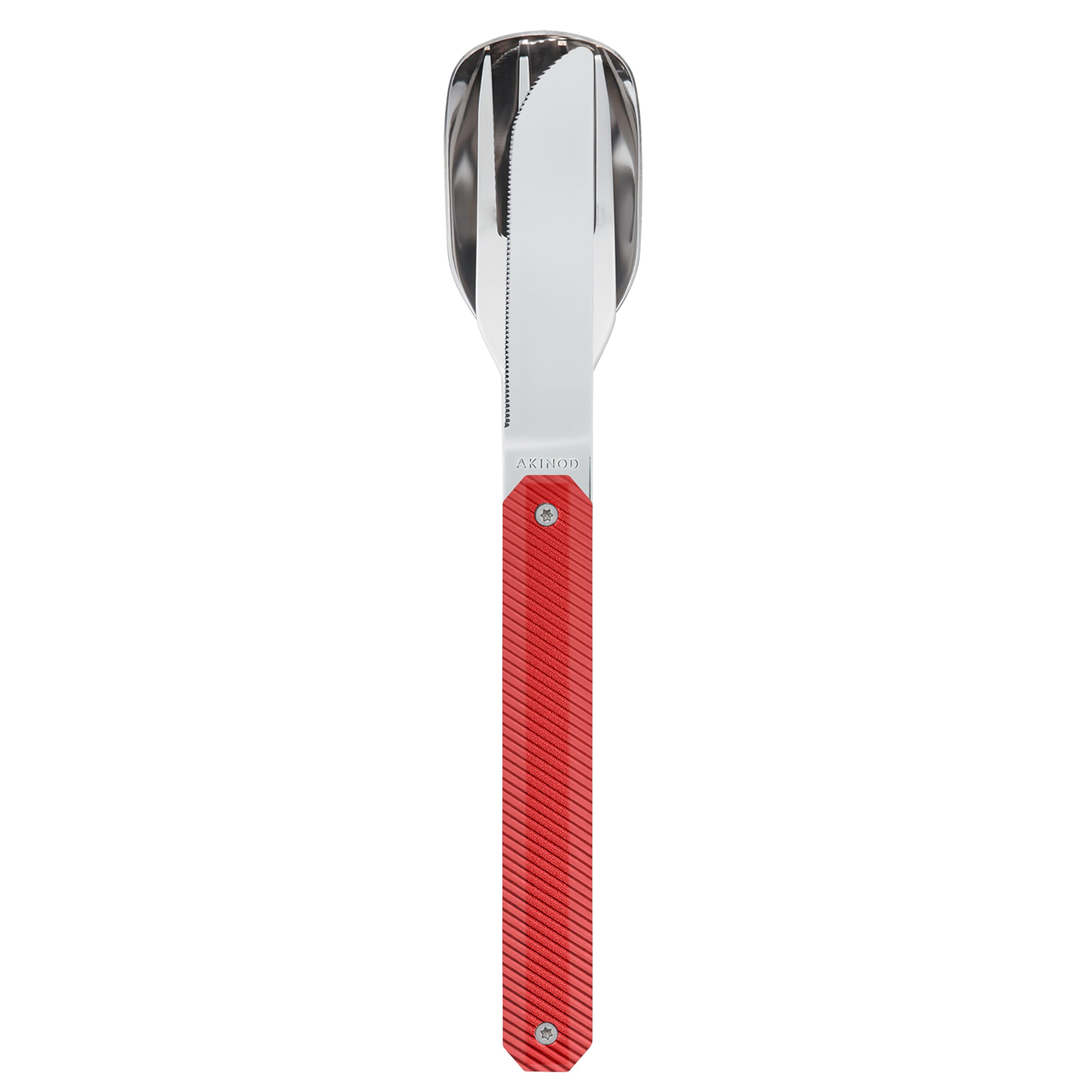 Akinod - Couverts Droits Aimantés 12:34 Aluminium Rouge - Fourchette + Couteau + Cuillère - Couverts Nomades Compacts, Durables et Élégants en Acier Inoxydable - Assemblage Aimanté