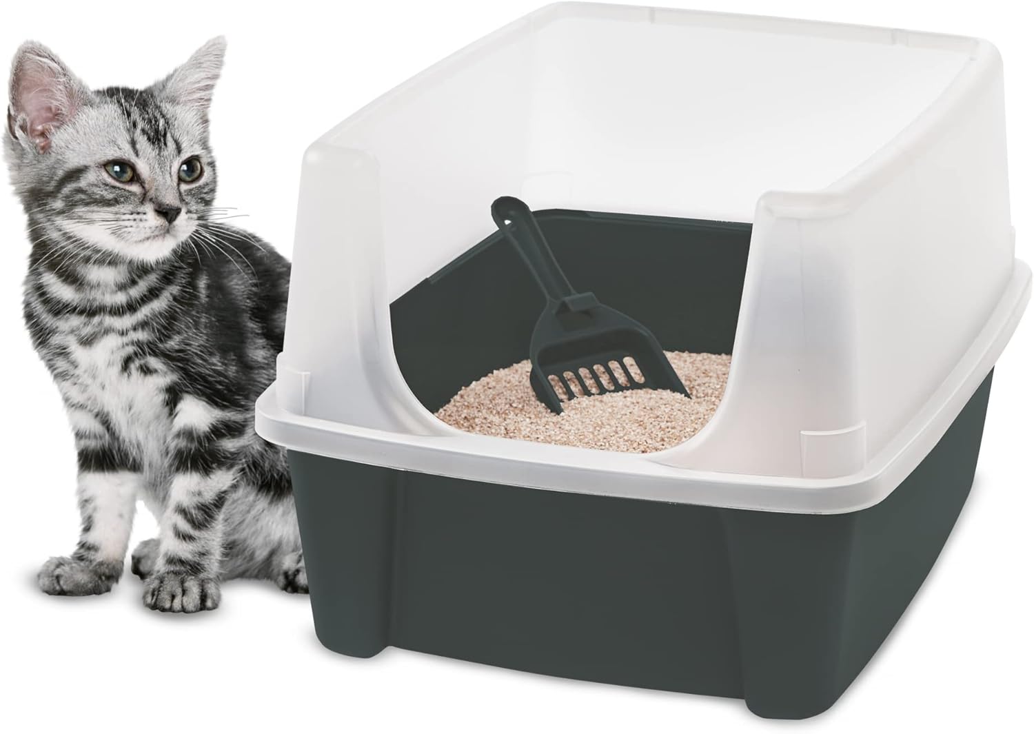 Iris Ohyama Cat Litter Tray with Scoop, Grey, Easy to Clean, Cat Litter Box, Detachable Spill Preventing Walls, for Kittens, Adult Cats, Rabbits, BPA Free, Open Top, Modern, CLH-12
