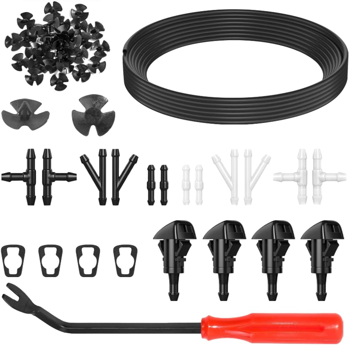 ZIMISI 52 In 1 Windshield Washer Nozzles Kit, Including 157 Inch Fluid Hose, 12 Connectors, 4 Sprayer Nozzles, 30 Hood Insulation Retainers, Window Washer Nozzle Hose Replacement for Most Cars