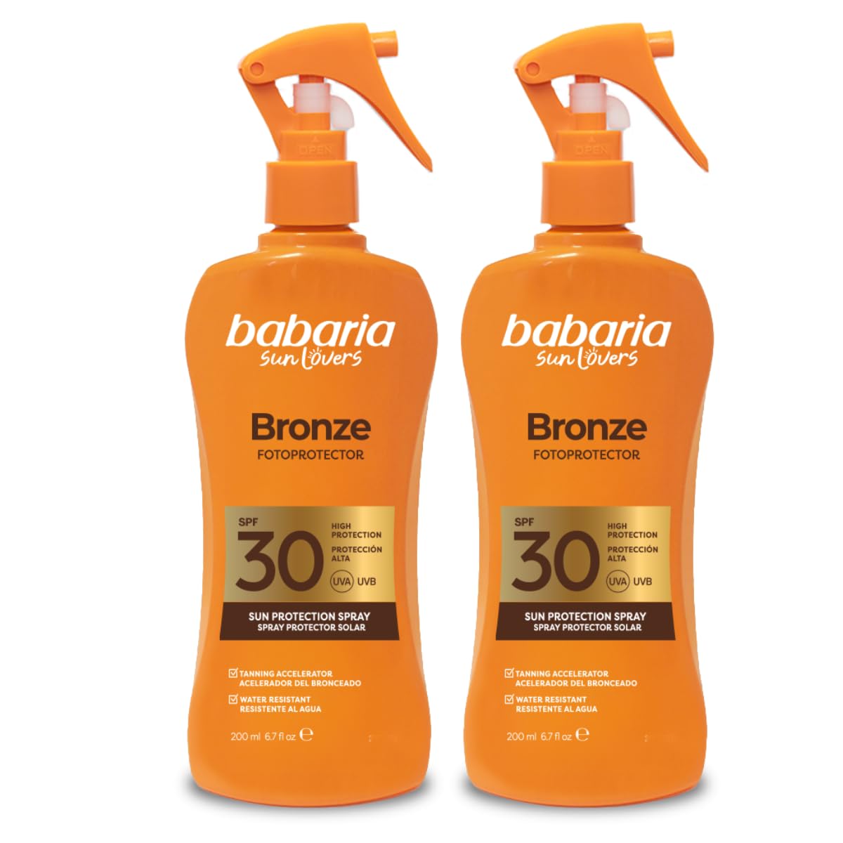 Babaria - Bronceador Crema Solar SPF30 en Spray Pack de 2 | Acelerador Bronceado | Apta Para Pieles Sensibles | Coral Friendly y Biodegradable | Resistente al Agua | Vegano | 200 ml