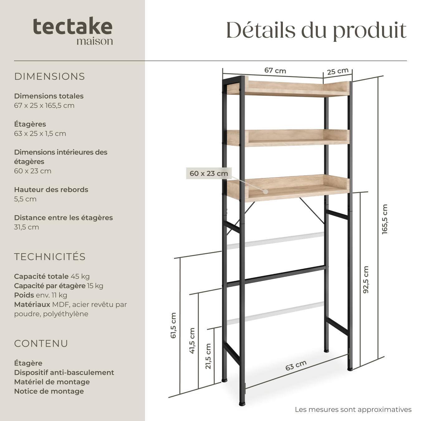 tectake® Étagère de Salle de Bain Meuble Salle de Bain en Bois et Acier 3 Niveaux 63 x 25 x 165 cm Meuble Industriel Meuble de Rangement WC avec système Anti-basculement, Meuble de Salle de Bain