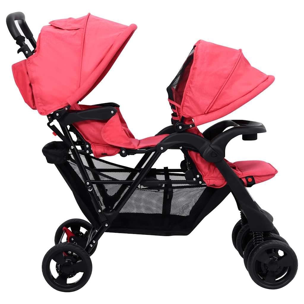 Passeggino gemellare, rosso, acciaio e lino, pieghevole, compatto, adatto per città e terreno, con tettuccio parasole e cestino, per neonati e bambini piccoli