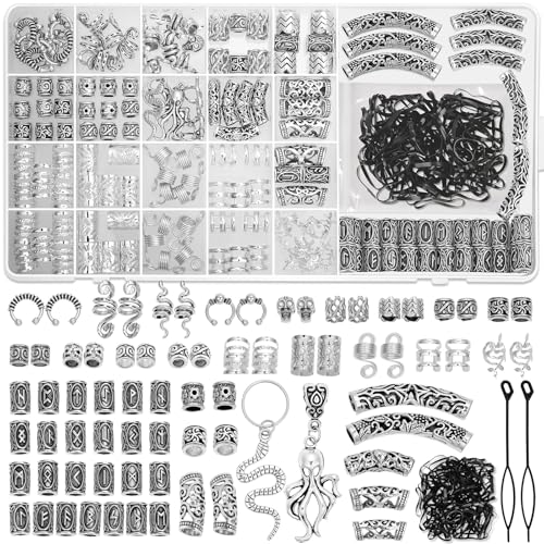 247Pcs Viking Hair Accessories Norse Runes Tube Beads Metal Cuffs Clips Rings, Dreadlock Beads Braids Locs Hair Jewelry Set for Women Men Beard Decoration Bracelets Necklace DIY Silver
