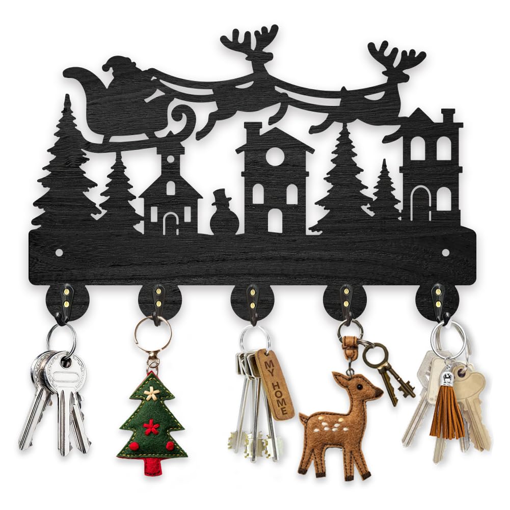 MAYJOYDIY Appendiabiti in Legno a Tre Scimmie, Porta Chiavi Animali della Foresta, 30×18.5cm, Appendiabiti da Parete con 5 Ganci in Lega per Ingresso, Cucina, Ufficio, Camera da Letto, Soggiorno