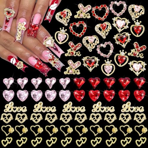 BELICEY 75Pcs 3D Gold Nail Charms Red Pink Heart Nail Charms Allo...