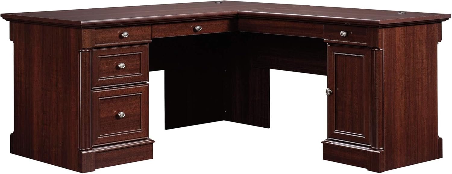 Incomplete set box 1 of 2 Sauder Palladia L Shaped Office Desk with Drawers, File Cabinet Storage, Cable Management, Keyboard Tray, L: 68.74\" x W: 65.12\" x H: 29.61\", Select Cherry