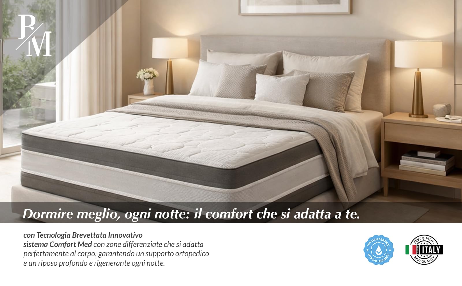 Materasso francese memory foam lettoMisure Personalizzabili MED Anallergico e Ipoallergenico, Nuova tecnologia Confort Premium Ortopedic Med Made in italy 120x190x25, Memory Foam