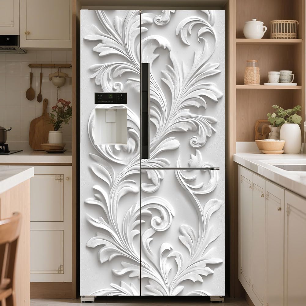 2 pezzi bianco goffrato motivi rimovibili Frigorifero Wraps, autoadesivo Frigorifero Porta Murale Frigorifero Congelatori Pannello Adesivo per Cucina Bar Decor 41,5 x 200 cm