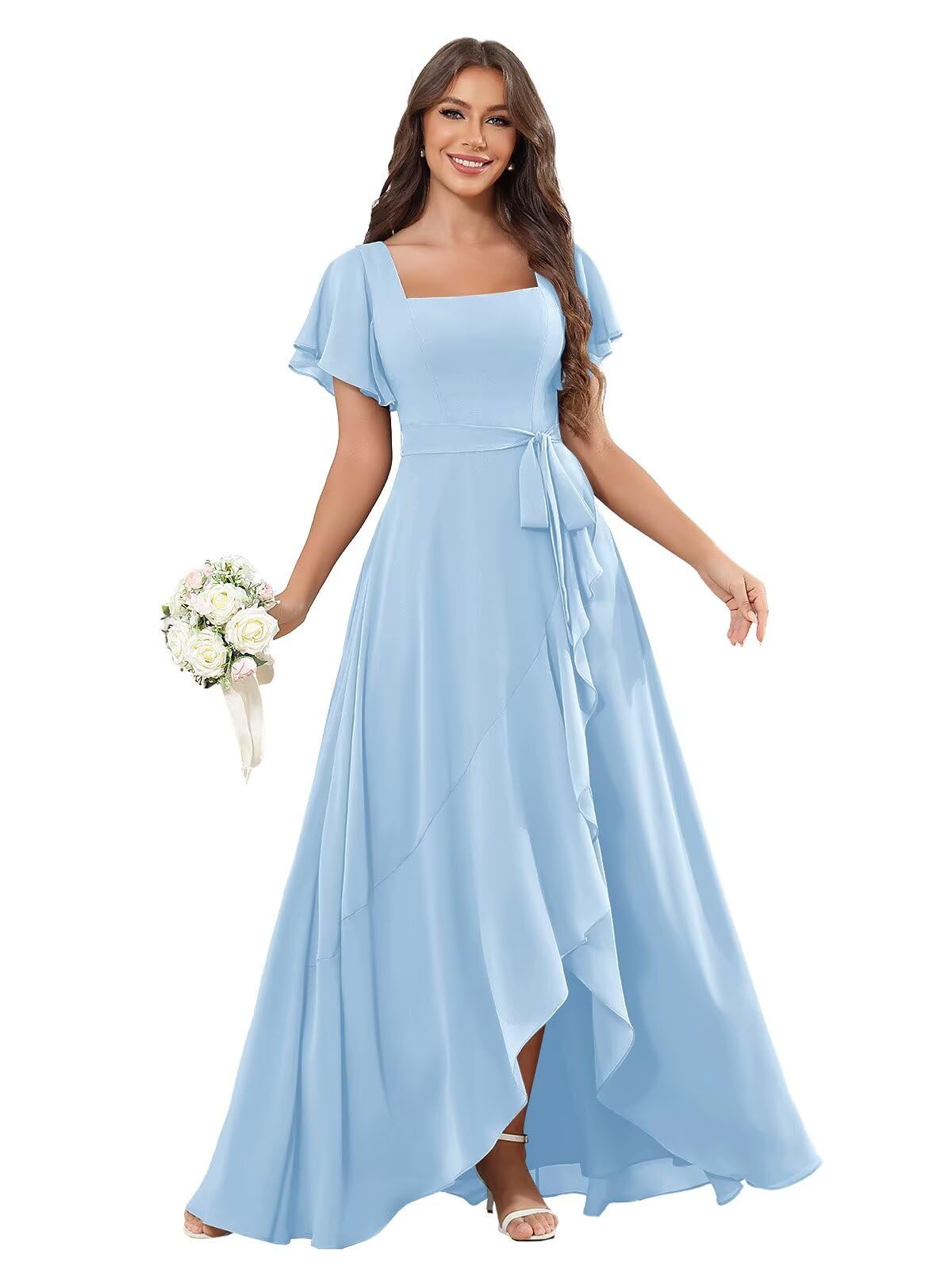 Sukleet Flutter Sleeve Bridesmaid Dresses for Women Square Neck A Line Chiffon Formal Wedding Guest Dress