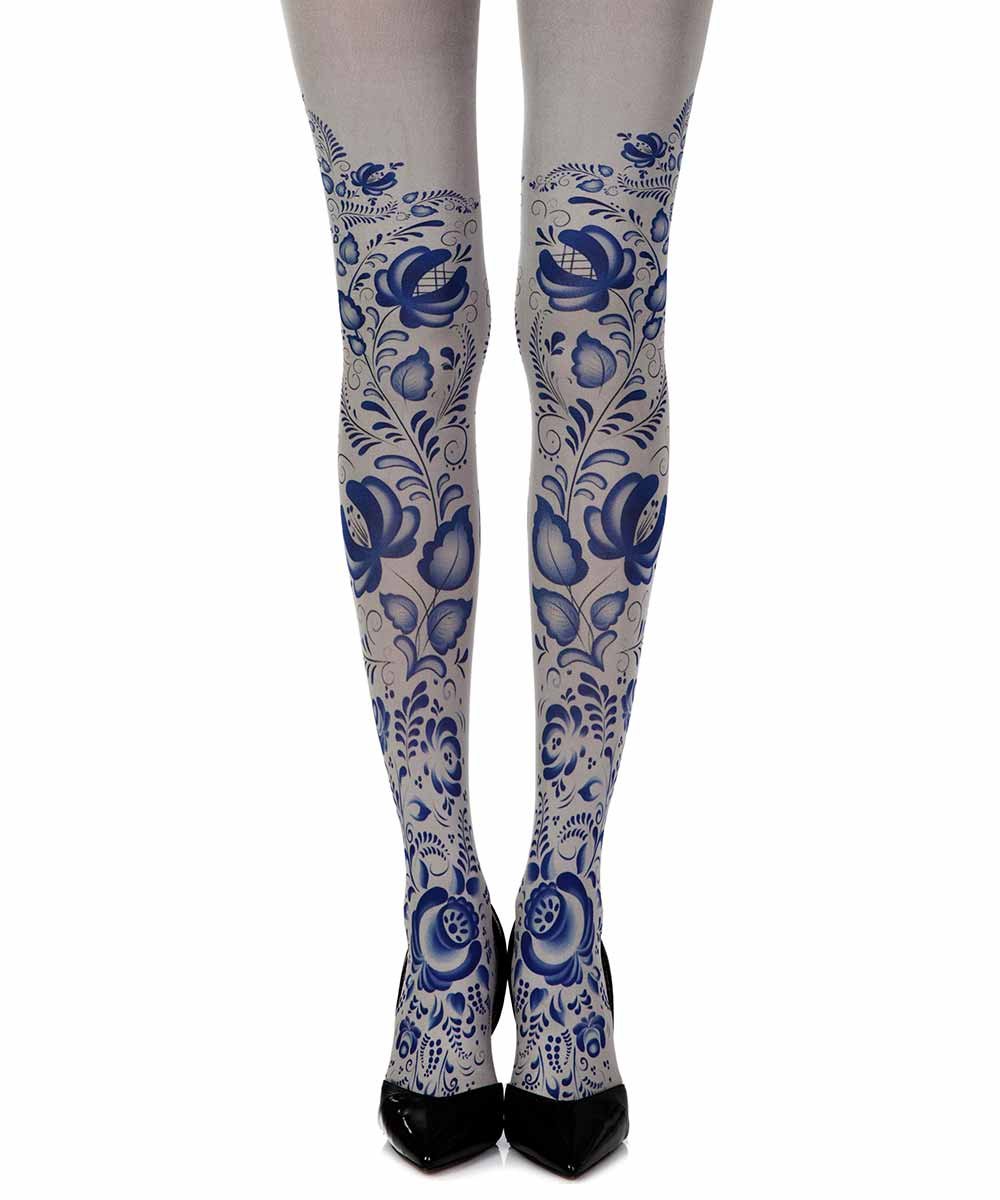 Zohara Tights Blue Orchid Floral One-Size Opaque Print Tights
