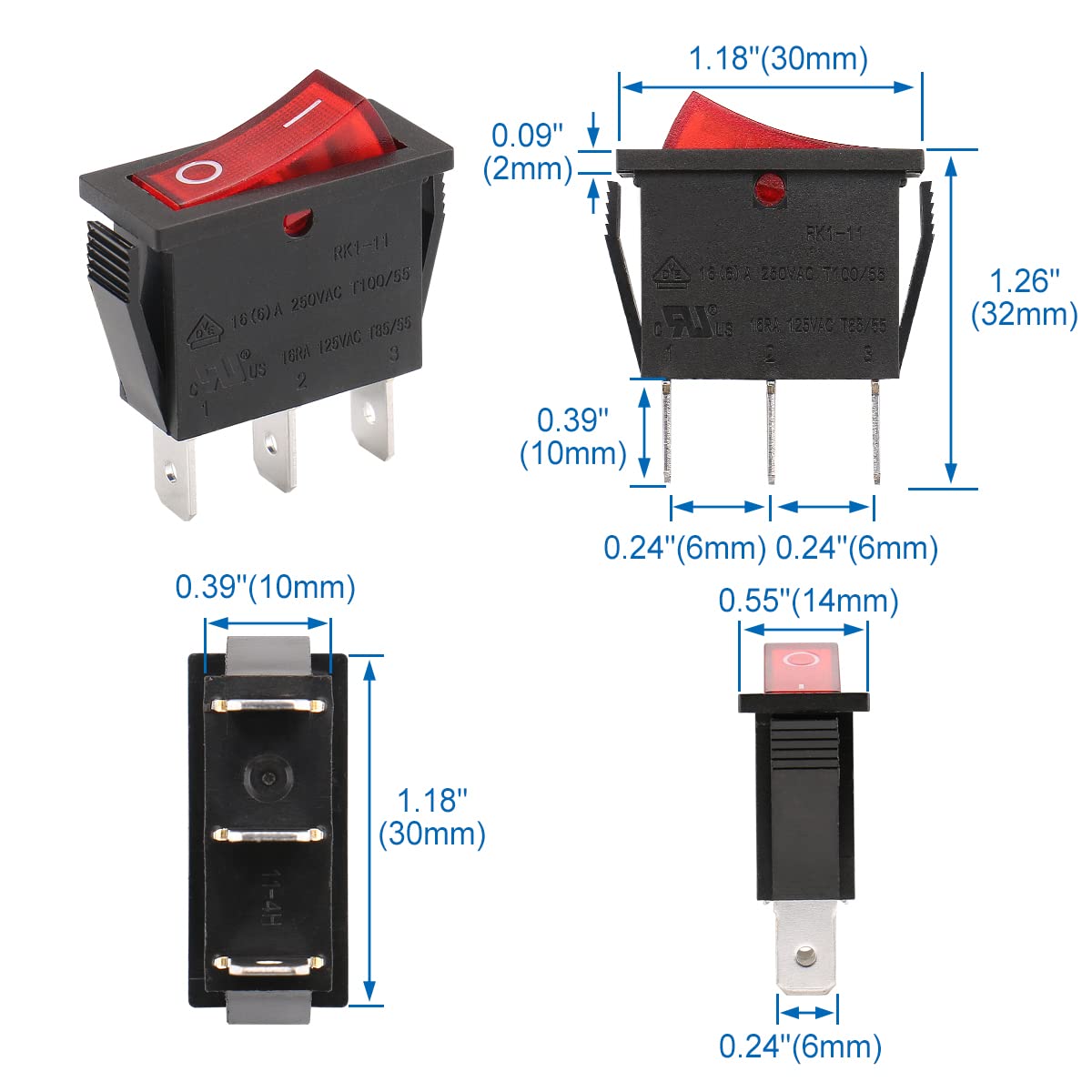 Snapklik.com : BAOMAIN SPST Rocker Switch,ON/Off 3-Pin 16A 250V AC,Red ...